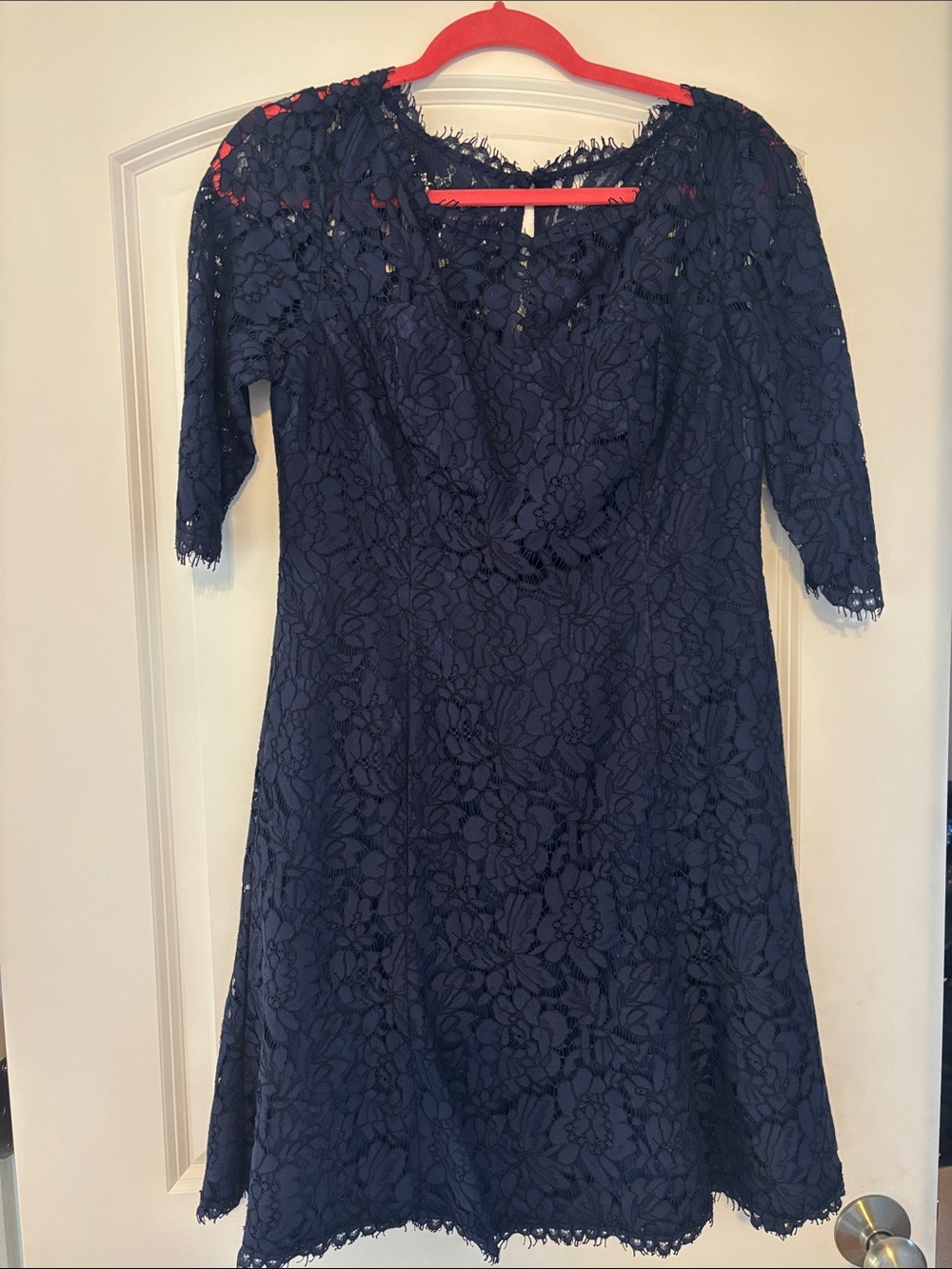 Eliza J Navy Floral Lace Midi Dress with Three-Quarter Sleeves